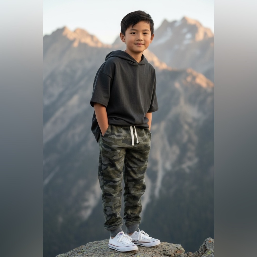 Place green camo Kids Jogger Pants 7/8 pockets elastic waist string cotton blend